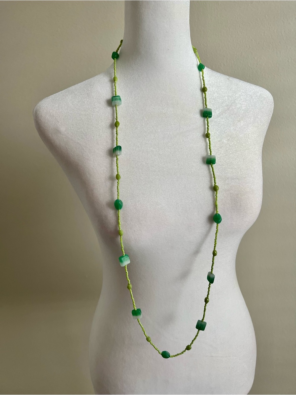 Green Beaded Long Layering Necklace Boho Mermaidcore Beachy Cottagecore